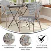 Marseille Indoor/Outdoor Commercial French Bistro Stacking Chair with Arms, Black/White Textilene and Bamboo Print Aluminum Frame in LT Natural, SDA-ADS642108-BLKWH-LTNAT-GG