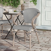 Marseille Indoor/Outdoor Commercial French Bistro Stacking Chair with Arms, Black/White Textilene and Bamboo Print Aluminum Frame in LT Natural, SDA-ADS642108-BLKWH-LTNAT-GG