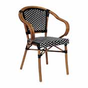 Bordeaux Indoor/Outdoor Commercial French Bistro Stacking Chair with Arms, Black and White PE Rattan and Bamboo Print Aluminum Frame in Natural, SDA-ADS642142-BKWH-NAT-GG