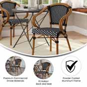 Bordeaux Indoor/Outdoor Commercial French Bistro Stacking Chair with Arms, Black and White PE Rattan and Bamboo Print Aluminum Frame in Natural, SDA-ADS642142-BKWH-NAT-GG
