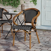 Bordeaux Indoor/Outdoor Commercial French Bistro Stacking Chair with Arms, Black and White PE Rattan and Bamboo Print Aluminum Frame in Natural, SDA-ADS642142-BKWH-NAT-GG