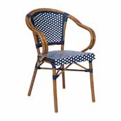 Bordeaux Indoor/Outdoor Commercial French Bistro Stacking Chair with Arms, Navy and White PE Rattan and Bamboo Print Aluminum Frame in Natural, SDA-ADS642142-NVYWH-NAT-GG