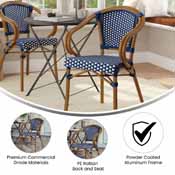 Bordeaux Indoor/Outdoor Commercial French Bistro Stacking Chair with Arms, Navy and White PE Rattan and Bamboo Print Aluminum Frame in Natural, SDA-ADS642142-NVYWH-NAT-GG
