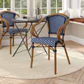 Bordeaux Indoor/Outdoor Commercial French Bistro Stacking Chair with Arms, Navy and White PE Rattan and Bamboo Print Aluminum Frame in Natural, SDA-ADS642142-NVYWH-NAT-GG