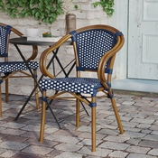 Bordeaux Indoor/Outdoor Commercial French Bistro Stacking Chair with Arms, Navy and White PE Rattan and Bamboo Print Aluminum Frame in Natural, SDA-ADS642142-NVYWH-NAT-GG