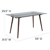 Meriden 31.5" x 55" Rectangular Solid Walnut Wood Table with Clear Glass Top, SK-17GC-034-W-GG