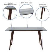 Meriden 31.5" x 55" Rectangular Solid Walnut Wood Table with Clear Glass Top, SK-17GC-034-W-GG