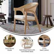 Naomi Commercial Cane Rattan Dining and Accent Chair with Solid Wood Frame Featuring Gold Tipped Legs and Beige Padded Seat in Natural, SK-220901-NAT-GG