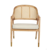 Naomi Commercial Cane Rattan Dining and Accent Chair with Solid Wood Frame Featuring Gold Tipped Legs and Beige Padded Seat in Natural, SK-220901-NAT-GG