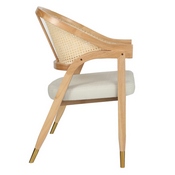 Naomi Commercial Cane Rattan Dining and Accent Chair with Solid Wood Frame Featuring Gold Tipped Legs and Beige Padded Seat in Natural, SK-220901-NAT-GG