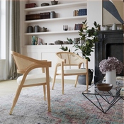 Naomi Commercial Cane Rattan Dining and Accent Chair with Solid Wood Frame Featuring Gold Tipped Legs and Beige Padded Seat in Natural, SK-220901-NAT-GG
