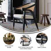 Naomi Commercial Cane Rattan Dining and Accent Chair with Solid Wood Frame Featuring Gold Tipped Legs and Beige Padded Seat in Natural/Black, SK-220901-NATBLK-GG