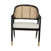 Naomi Commercial Cane Rattan Dining and Accent Chair with Solid Wood Frame Featuring Gold Tipped Legs and Beige Padded Seat in Natural/Black, SK-220901-NATBLK-GG