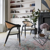 Naomi Commercial Cane Rattan Dining and Accent Chair with Solid Wood Frame Featuring Gold Tipped Legs and Beige Padded Seat in Natural/Black, SK-220901-NATBLK-GG
