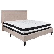 Roxbury King Size Tufted Upholstered Platform Bed in Beige Fabric with Pocket Spring Mattress, SL-BM-20-GG