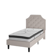 Brighton Twin Size Tufted Upholstered Platform Bed in Beige Fabric with 10 Inch CertiPUR-US Certified Pocket Spring Mattress, SL-BM10-1-GG