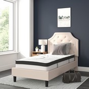 Brighton Twin Size Tufted Upholstered Platform Bed in Beige Fabric with 10 Inch CertiPUR-US Certified Pocket Spring Mattress, SL-BM10-1-GG