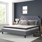Brighton King Size Tufted Upholstered Platform Bed in Light Gray Fabric with 10 Inch CertiPUR-US Certified Pocket Spring Mattress, SL-BM10-12-GG