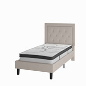 Roxbury Twin Size Tufted Upholstered Platform Bed in Beige Fabric with 10 Inch CertiPUR-US Certified Pocket Spring Mattress, SL-BM10-17-GG