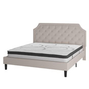 Brighton King Size Tufted Upholstered Platform Bed in Beige Fabric with 10 Inch CertiPUR-US Certified Pocket Spring Mattress, SL-BM10-4-GG