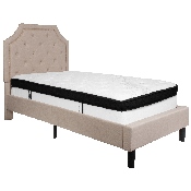 Brighton Twin Size Tufted Upholstered Platform Bed in Beige Fabric with Memory Foam Mattress, SL-BMF-1-GG