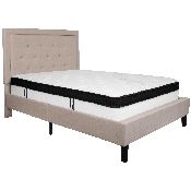 Roxbury Full Size Tufted Upholstered Platform Bed in Beige Fabric with Memory Foam Mattress, SL-BMF-18-GG
