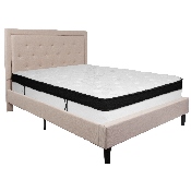 Roxbury Queen Size Tufted Upholstered Platform Bed in Beige Fabric with Memory Foam Mattress, SL-BMF-19-GG