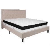 Roxbury King Size Tufted Upholstered Platform Bed in Beige Fabric with Memory Foam Mattress, SL-BMF-20-GG