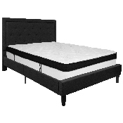 Roxbury Queen Size Tufted Upholstered Platform Bed in Black Fabric with Memory Foam Mattress, SL-BMF-23-GG