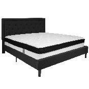 Roxbury King Size Tufted Upholstered Platform Bed in Black Fabric with Memory Foam Mattress, SL-BMF-24-GG