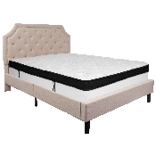 Brighton Queen Size Tufted Upholstered Platform Bed in Beige Fabric with Memory Foam Mattress, SL-BMF-3-GG
