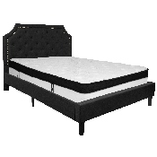 Brighton Queen Size Tufted Upholstered Platform Bed in Black Fabric with Memory Foam Mattress, SL-BMF-7-GG