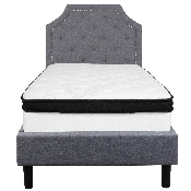 Brighton Twin Size Tufted Upholstered Platform Bed in Light Gray Fabric with Memory Foam Mattress, SL-BMF-9-GG