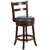 26'' High Cappuccino Wood Counter Height Stool with Single Slat Ladder Back and Black LeatherSoft Swivel Seat, TA-16026-CA-GG