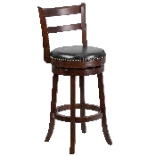 30'' High Cappuccino Wood Barstool with Single Slat Ladder Back and Black LeatherSoft Swivel Seat, TA-16029-CA-GG