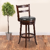 30'' High Cappuccino Wood Barstool with Single Slat Ladder Back and Black LeatherSoft Swivel Seat, TA-16029-CA-GG