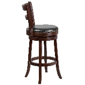 30'' High Cappuccino Wood Barstool with Single Slat Ladder Back and Black LeatherSoft Swivel Seat, TA-16029-CA-GG