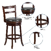 30'' High Cappuccino Wood Barstool with Single Slat Ladder Back and Black LeatherSoft Swivel Seat, TA-16029-CA-GG