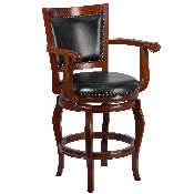 26'' High Cherry Wood Counter Height Stool with Arms, Panel Back and Black LeatherSoft Swivel Seat, TA-2125-24-CHY-GG
