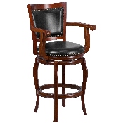 30'' High Cherry Wood Barstool with Arms, Panel Back and Black LeatherSoft Swivel Seat, TA-21259-CHY-GG
