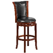 30'' High Dark Chestnut Wood Barstool with Panel Back and Black LeatherSoft Swivel Seat, TA-220130-DC-GG