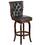 30'' High Cappuccino Wood Barstool with Button Tufted Back and Black LeatherSoft Swivel Seat, TA-240130-CA-GG