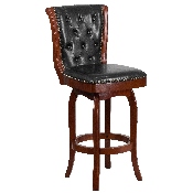 30'' High Cherry Wood Barstool with Button Tufted Back and Black LeatherSoft Swivel Seat, TA-240130-CHY-GG