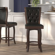 30'' High Cherry Wood Barstool with Button Tufted Back and Black LeatherSoft Swivel Seat, TA-240130-CHY-GG
