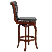 30'' High Cherry Wood Barstool with Button Tufted Back and Black LeatherSoft Swivel Seat, TA-240130-CHY-GG