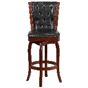 30'' High Cherry Wood Barstool with Button Tufted Back and Black LeatherSoft Swivel Seat, TA-240130-CHY-GG