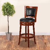 30'' High Light Cherry Wood Barstool with Open Panel Back and Black LeatherSoft Swivel Seat, TA-355530-LC-GG