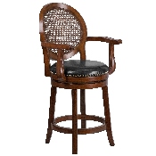 26'' High Expresso Wood Counter Height Stool with Arms, Woven Rattan Back and Black LeatherSoft Swivel Seat, TA-550426-E-CTR-GG