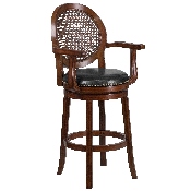 30'' High Expresso Wood Barstool with Arms, Woven Rattan Back and Black LeatherSoft Swivel Seat, TA-550430-E-GG
