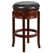 29'' High Backless Light Cherry Wood Barstool with Carved Apron and Black LeatherSoft Swivel Seat, TA-68829-LC-GG